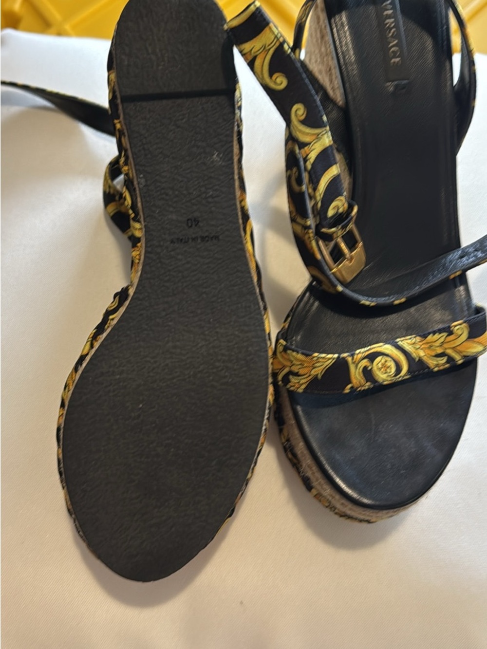 Versace Black and Gold Baroque Wedge Sandals with Ankle Strap